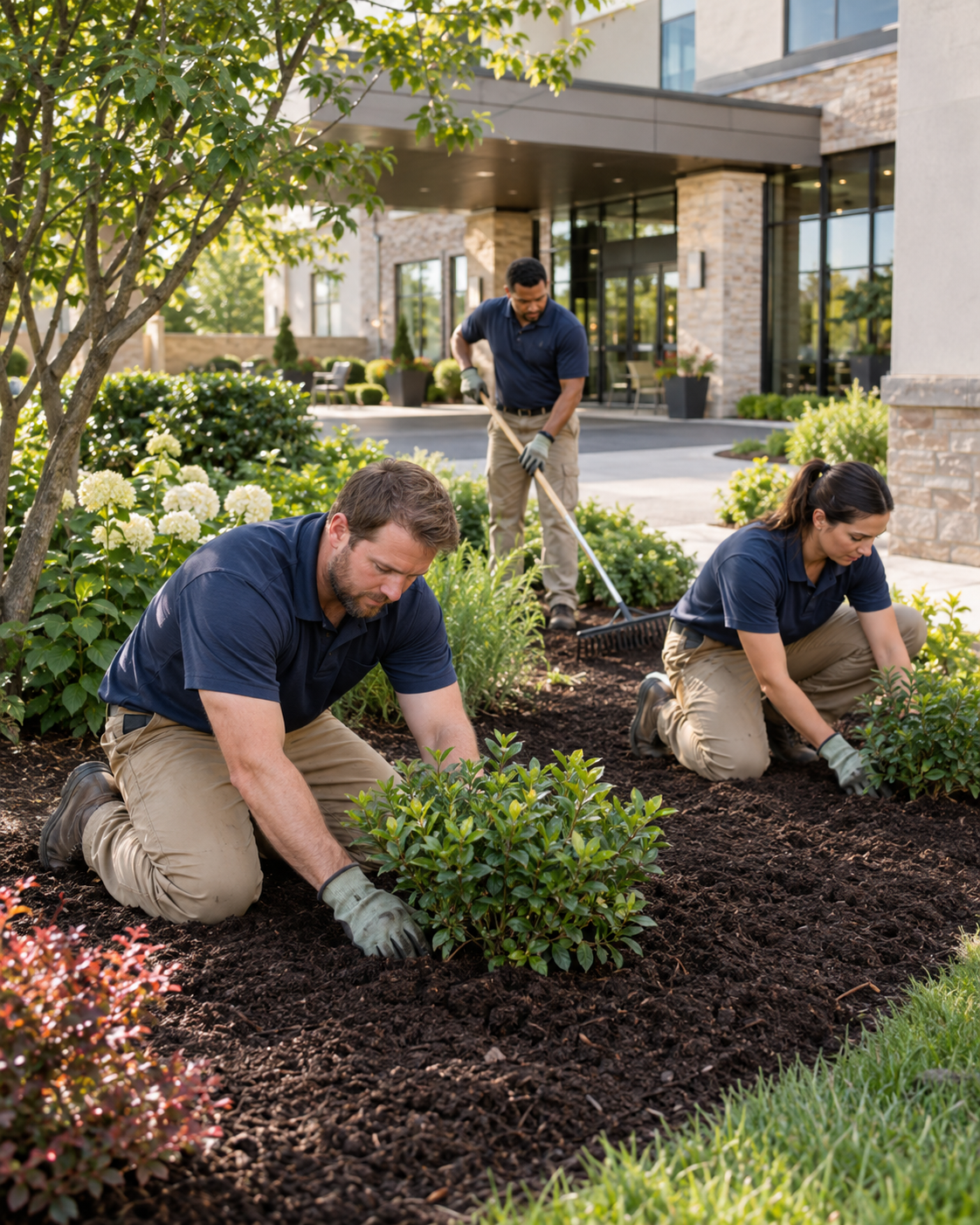 Three professional gardeners planting shrubs and raking a landscaped garden